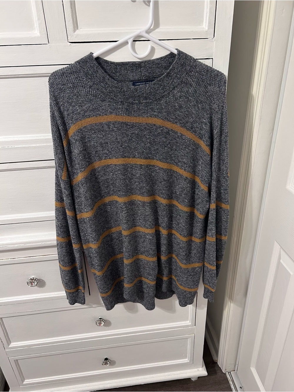 American Eagle Outfitters Grey Crewneck Sweater with Yellow Stripes